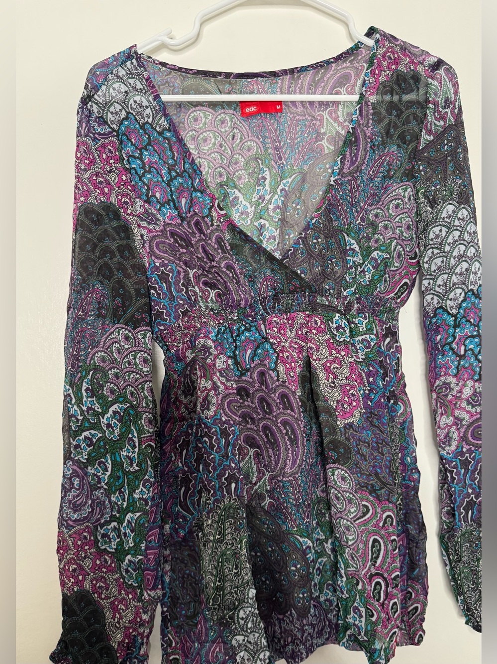 edc by Esprit Purple Paisley V-Neck sheer long sleeve Blouse size MD babydoll